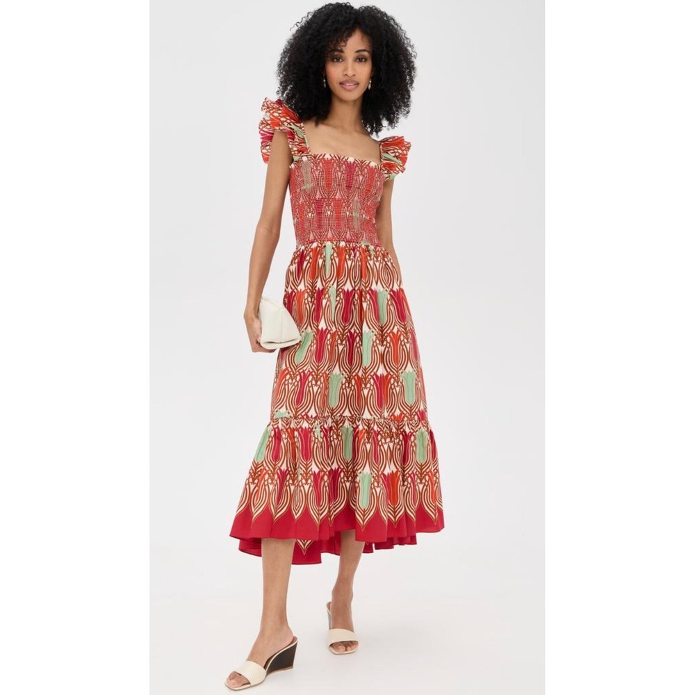 Cara Cara Ruby Dress Lana Egret Red Floral Smocked Ruffle Maxi XXS‎ NWT